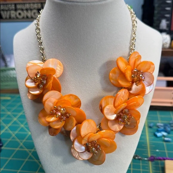 Orange Floral Statement Necklace-Mother of Pearl - Picture 1 of 3